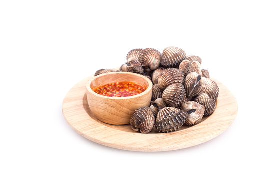 Boiled blood cockle with sauce isolated on white background