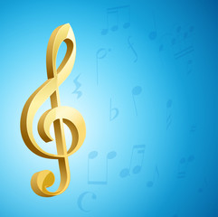 golden g clef musical key and notes over blue background. vector
