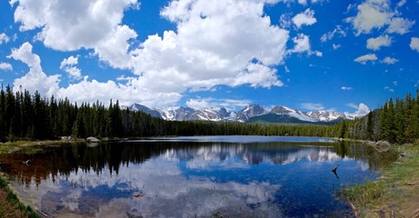 Fototapeta na wymiar Alpine Lake, Snow Capped Mountains, Clouds and Reflections. Bierstadt Lake, Rocky Mountains National Park near Denver, Colorado State, USA. 