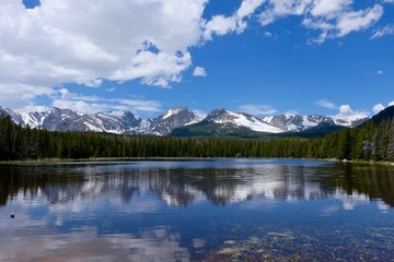 Fototapeta na wymiar Reflection of mountains in turquoise calm water of alpine lake. Bierstadt Lake, Rocky Mountains National Park near Denver, Colorado State, USA. 