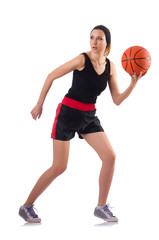 Woman playing basketball isolated on white