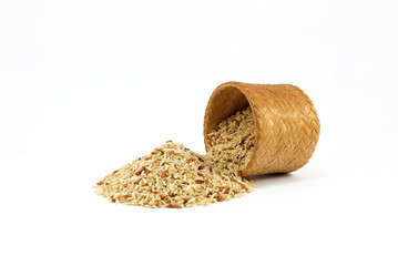 Raw Brown rice in bamboo box; Kratip