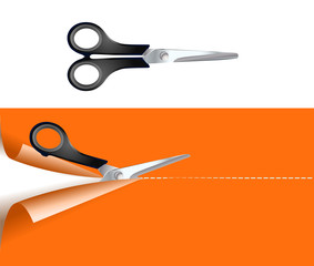 pair of scissors cutting orange background. vector illustration
