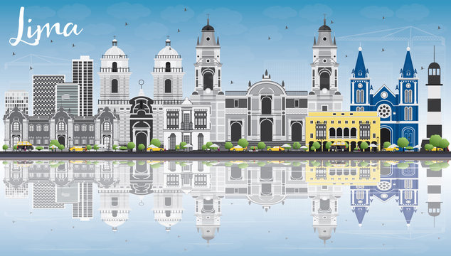 Lima Skyline with Gray Buildings, Blue Sky and Reflections.