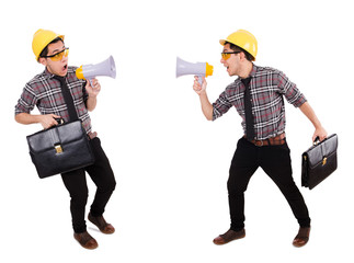 Young construction worker with loudspeaker isolated on white