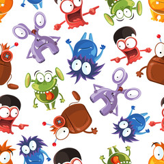 Seamless monster pattern. Design background halloween with monster character and comic happy monster. Stock vector illustration