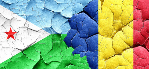 Djibouti flag with Romania flag on a grunge cracked wall
