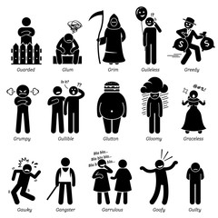 Negative Personalities Character Traits. Stick Figures Man Icons. Starting with the Alphabet G.