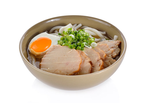 Japanese noodles, Udon with chicken and boiled egg in soybean pa