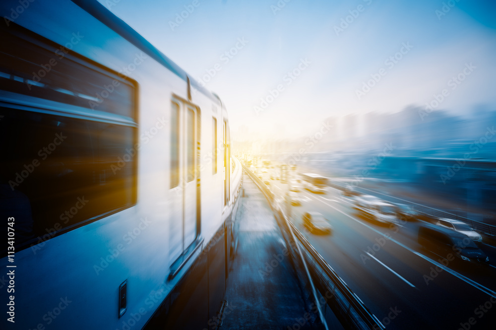 Poster light rail moving on railway in chongqing