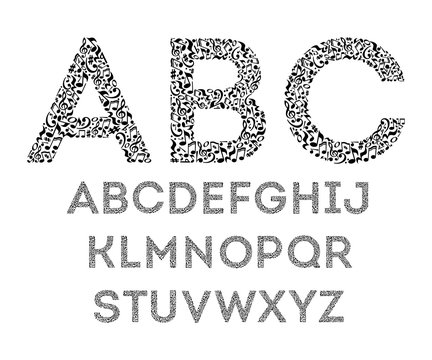 Alphabet from musical notes on white background. Font for music school. Isolated set of letters. Black and white design.