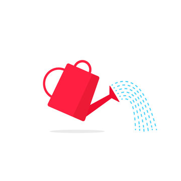 Watering can icon vector with pouring water flow, red flat simple graphic illustration isolated clipart image