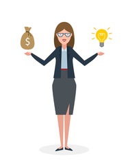 Businesswoman with idea bulb and money bag on white background. Isolated cartoon chararter.Businesswoman investor. Innovation.