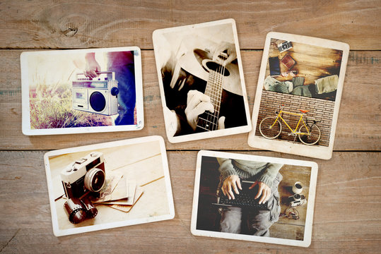 Photo album of hipster lifestyle journey trip in summer on wood table. instant photo of vintage camera - vintage and retro style