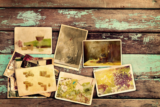 Photo album of wine on old wood table. instant photo of vintage camera - vintage and retro style