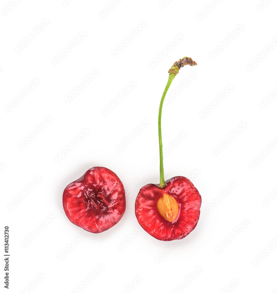 Poster the cherry in half on isolated white background