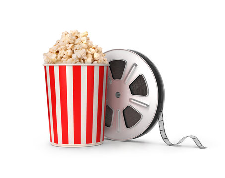 The film reel and popcorn. 3d illustration