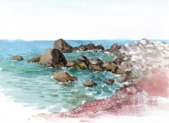 watercolor sea stones and water