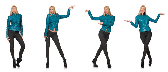 Pretty woman in blue leather jacket isolated on white