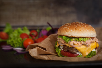 Home made burger with fresh vegetables. Fastfood meal