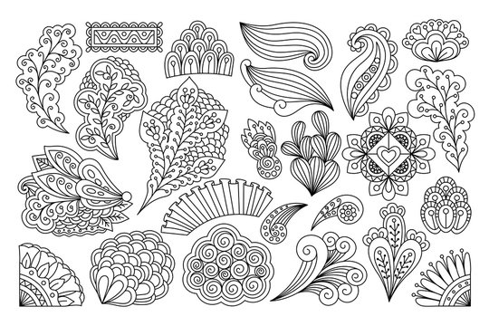 Ink drawing flowers. Vector set of doodle flowers