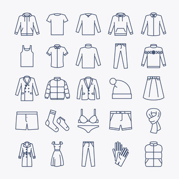 Clothes linear icons. Vector outline clothes icons on white background