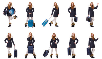 Woman with suitcase preparing for winter vacation