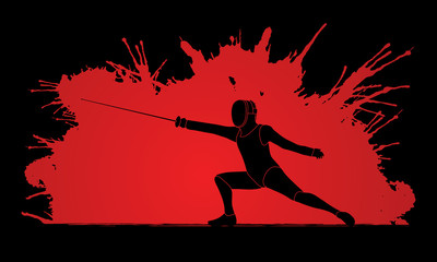 Fencing action designed on splatter blood background graphic vector.