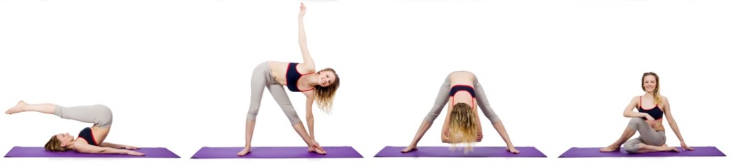 Young female doing exercises on white