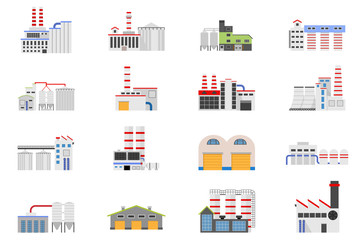 Industrial and manufacturing factory building. Vector icon set in the flat style.