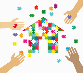 House object made of puzzle pieces. Isolated puzzle pieces on white background Design elements for your logo. Puzzle presentation template field for business
