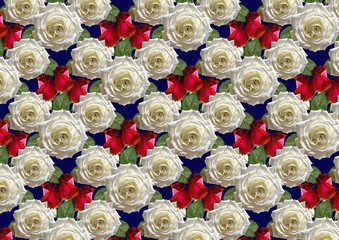 Seamless blue background of bouquet large white roses and red buds

