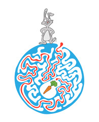 Maze puzzle for kids with rabbit and carrot. Labyrinth illustration, solution included.