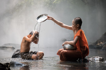 monk and boy shower