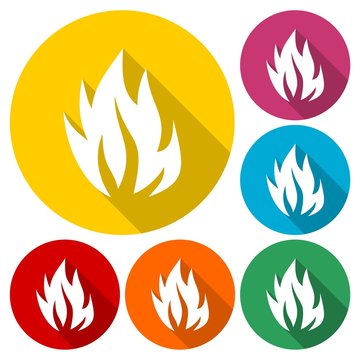 Fire flames, set icons with long shadow