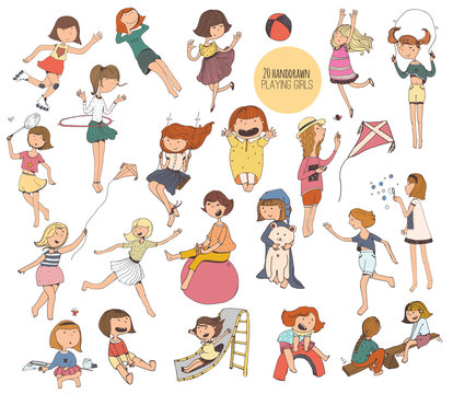 Big set of fun kids illustrations in various summer activities on playground. Girls playing outdoors, smiling, hugging, jumping. Vector isolated on white background picture, hand-drawn with liquid ink