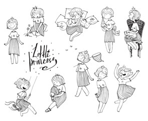 Set of black and white girls with crown on head. Playful cute princess, fun vector hand drawn illustrations. Various emotions and poses, sleeping, walking, reading, jumping, sitting. Isolated on white