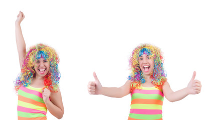 Woman with colourful wig isolated on white