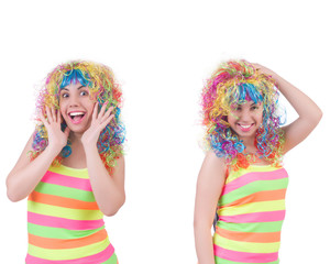Woman with colourful wig isolated on white