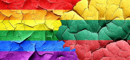 Gay pride flag with Lithuania flag on a grunge cracked wall
