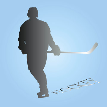 Silhouette of a hockey player on a light blue background. Vector illustration.
