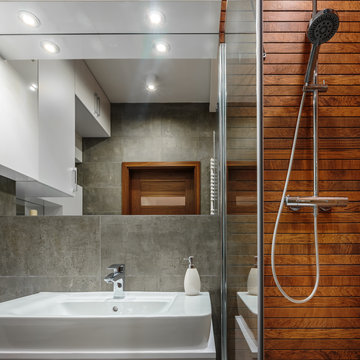 Shower with wooden wall