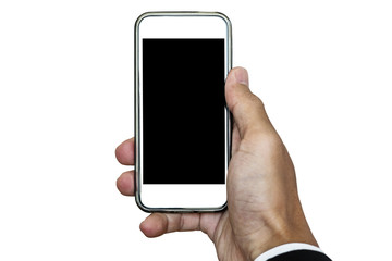 Mobile phone in hand, with copy space on screen, isolated on white background