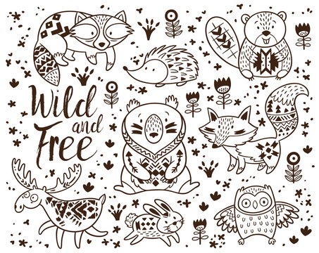 Decorative ornamental woodland animals vector set