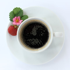 strawberry aroma for real coffee/ Black coffee with strawberries on a light background top view 