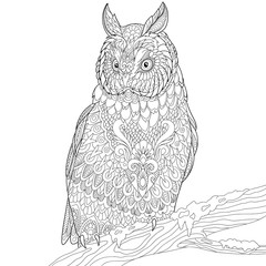 Zentangle stylized cartoon eagle owl, isolated on white background. Hand drawn sketch for adult antistress coloring page, T-shirt emblem, logo or tattoo with doodle, zentangle, floral design elements.