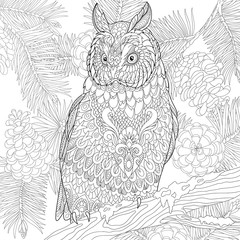 Zentangle stylized cartoon eagle owl sitting on wooden tree branch. Hand drawn sketch for adult antistress coloring page, T-shirt emblem, logo or tattoo with doodle, zentangle, floral design elements.