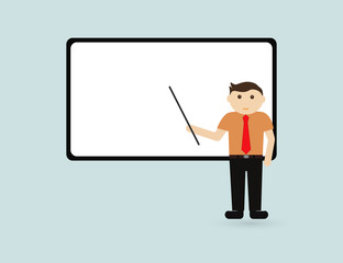 Vector illustration - business man explaining and pointing at blank white board.