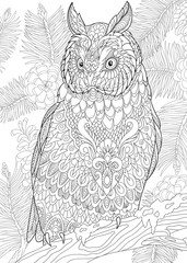 Zentangle stylized cartoon eagle owl sitting on wooden tree branch. Hand drawn sketch for adult antistress coloring page, T-shirt emblem, logo or tattoo with doodle, zentangle, floral design elements.