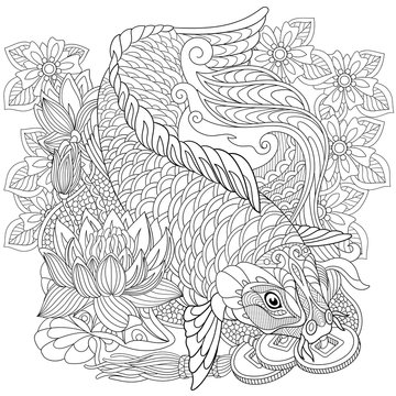 Zentangle stylized cartoon koi carp, isolated on white background. Hand drawn sketch for adult antistress coloring page, T-shirt emblem, logo or tattoo with doodle, zentangle, floral design elements.